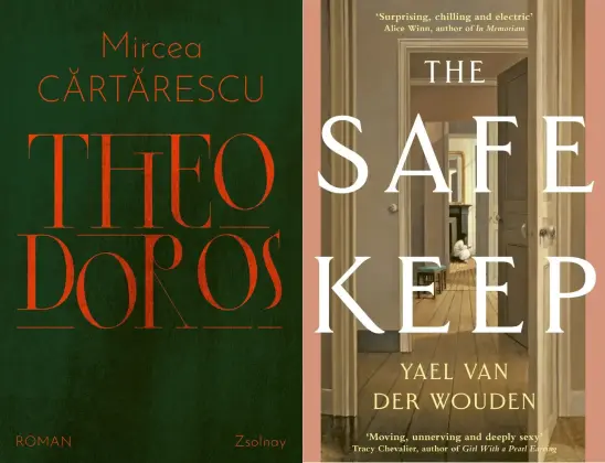 Deux couvertures cote à cote : « Theodoros » à gauche, « The Safekeep » à droite. Sur le premier il n’y a  pratiquement rien, c’est juste le fond en noir un peu verdâtre, typographie de l’auteur, du titre, du mot « ROMAN » et de la maison d’édition en rouge. Sur l’autre en couleurs brunes, beiges et ocres la perspective centrale de l’illustration s’ouvre sur trois pièces de maison bourgeoise à travers ses portes ouvertes, avec dans la dernière salle au fond une fille vêtue d’une robe blanche à genoux devant une cheminée. L’image est cadrée de deux bordures vieux rose droite et gauche, le lettrage du titre, nom de l’autrice et des remarques de critiques citées en blanc et jaune.