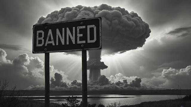 Black and white banned sign with nuclear cloud