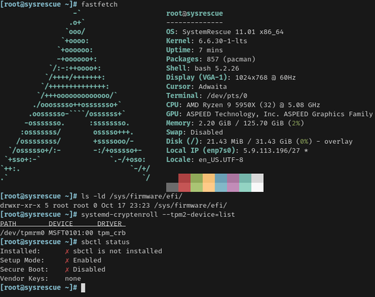 specs screenshot of the dedicated server which will be used for the Gentoo Linux installation