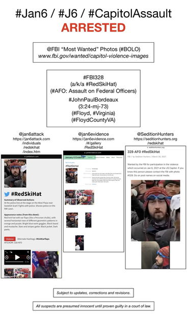 Photos of now-arrested January 6th riot suspect known to Sedition Hunters as “Red Ski Hat” (FBI Photo Number Three Hundred Twenty-Eight). Subject to updates, corrections, and revisions. All suspects are presumed innocent until proven guilty in a court of law.