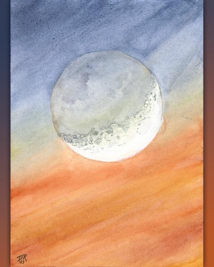 DIANA by Danielle Rose Baker. A watercolor painting in a sunset gradient from dark blues to deep oranges, with a crescent moon centered in the frame. The Moon has slight coloring from the sunset colors, but is muted in tone and features some inked craters along the terminator.