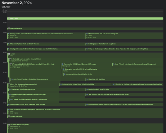A screenshot of November 2, 2024 showing the lineup of events at Hackaday Superconference 2024. The events are shown chronologically top to bottom, naturally highlighting the concurrency of several events.