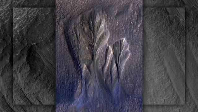 Imatge de la sonda Mars Reconnaissance Orbiter que mostra diversos barrancs a la regió marciana de Terra Sirenum (NASA/JPL-Caltech/Universitat d'Arizona)