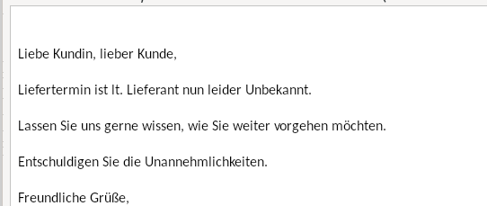 Screenshot einer Email eines Fahrradhandels. Darin wird ein unbekannter Liefertermin angekündigt.