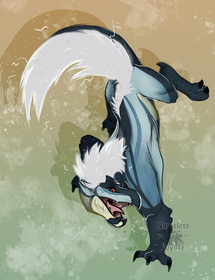 A tobi kadachi, a monster hunter monster, "climbing down" the background which is just a gradient color of green and yellow. Happy looking, fur sparkling.