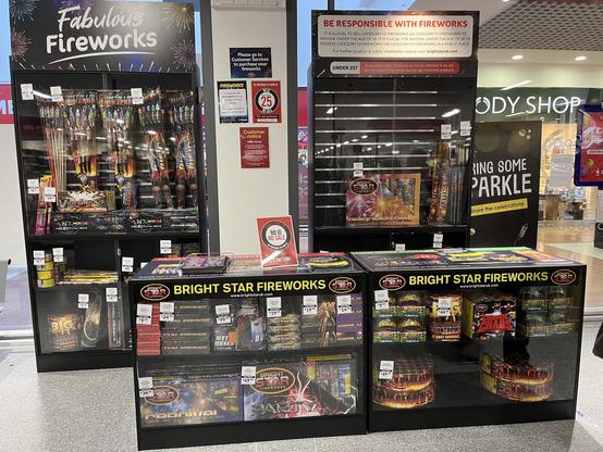 Cabinets in my local Wilko with a selection of fireworks for sale