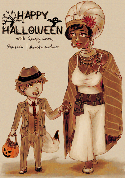 Image: Luca [left, cosplaying as Bugsy Malone...sort of] holding a hand with his aunt figure Roxane Archambeau [right, cosplaying as a Voodoo Witch]

Text: Happy Halloween - with Spoopy Love,
Sho-saka | sho-saka.carrd.co