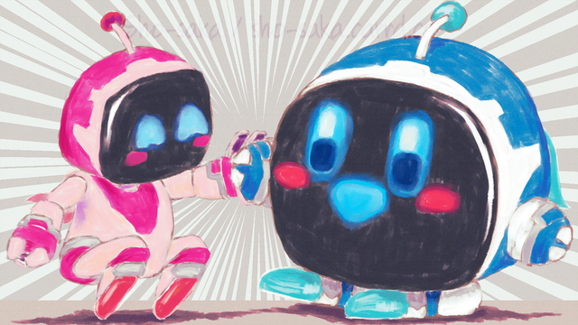 Kirby!Astro [left] making a "high five" geusture with Astro!Kirby [right] and both of them are super happy with each other