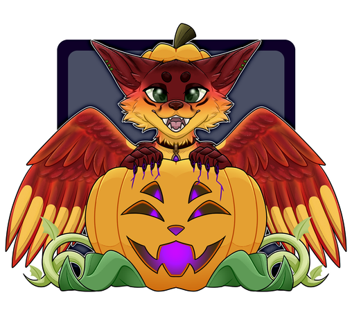 Amara Sitting Behind a pumpkin with her claws corrupting it into a sinister being