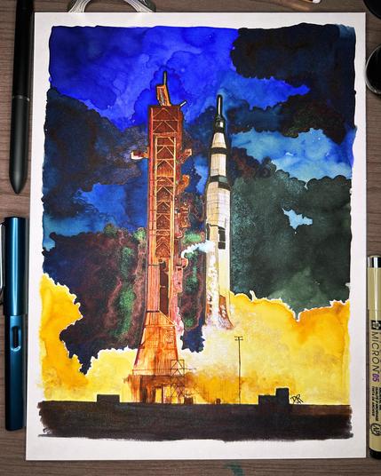 DIANA PIERCES THE AZURE SKY by Danielle Rose Baker. An ink illustration of a Saturn V rocket and launch tower during the launch of Apollo IV. The top two-thirds is a roiling sky of clouds rendered in blue, dark teal and navy inks, some with shimmering effects. Outlined against this, the launch tower is seen in shades of brown-orange. The rocket is bathed in warm light and yellow-tinged exhaust expands below, with dark shapes outlining the base of the launch pad.