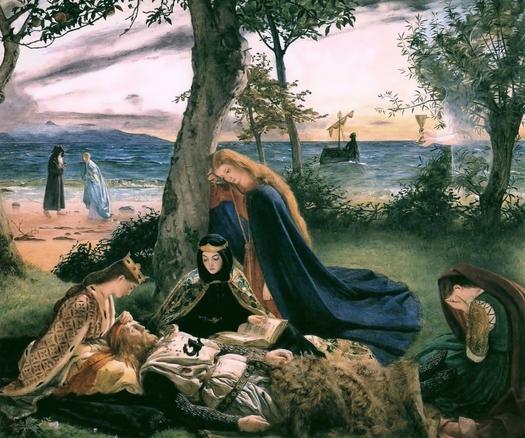 "The Death of King Arthur," a painting by James Archer. The fairy sisters of Avalon take care of the dying king.