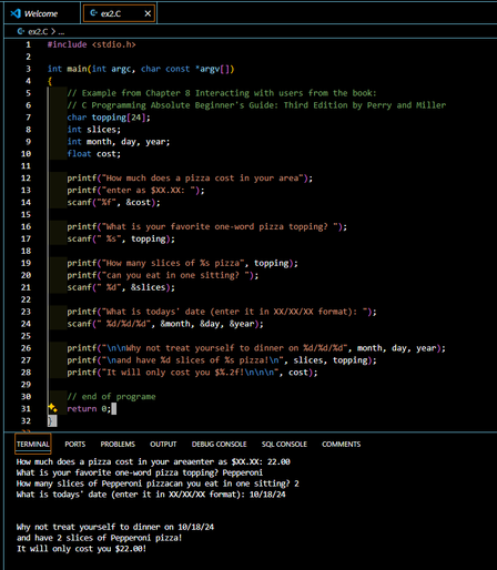 This code is like having a chat with a computer about pizza! Here's how it works, explained super simply:

1. The computer asks how much a pizza costs and you tell it by typing in a price.
2. Then it asks what your favorite pizza topping is, like "pepperoni."
3. Next, it asks how many slices of pizza you can eat.
4. After that, it wants to know today's date (like month, day, and year).
5. Finally, it takes all your answers and tells you: "On this date, you can treat yourself to [X] slices of [your topping] pizza, and it will cost you [this much money]!"

It’s like a little pizza order conversation between you and the computer!