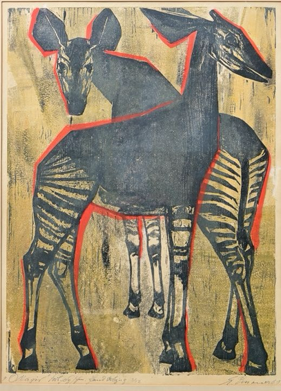 Color woodcut print in portrait orientation, illustration of two standing okapis, on behind facing left and one in front facing right, each grey/white with red outlines,  on yellow-brown background