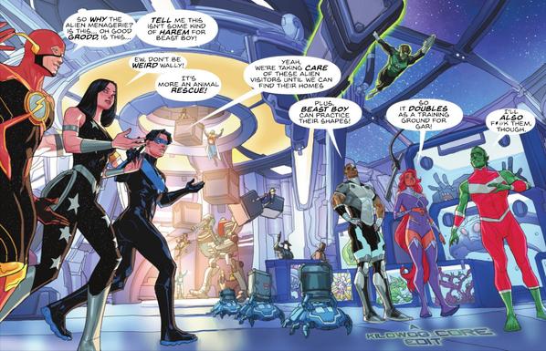 A comic panel aboard the Titans wing of the Justice League's new Watchtower. A lot of alien animals are in glass containers. The Titans are talking together. Flash says, "So why the alien menagerie? Is this... oh good Grodd, is this... tell me this isn't some kind of harem for Beast Boy!" Donna Troy says, "Ew, don't be weird Wally! It's more an animal rescue!" Nightwing says, "Yeah, we're taking care of these alien visitors until we can find their homes." Cyborg says, "Plus, Beast Boy can practice their shapes!" Starfire says, "So it doubles as a training ground for Gar!" Beast Boy says, "I'll also (censored) them, though." A caption reads "A Kilowog-core Edit".