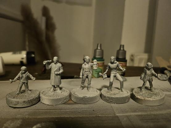 The figures from the bard game betrayal at house on the hill. Primed with a grey base coat and textured bases.