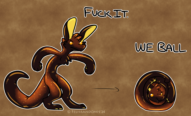 digital sketch of an Elstiq standing determined with text "Fuck it", before becoming spherical in shape with text "We ball".