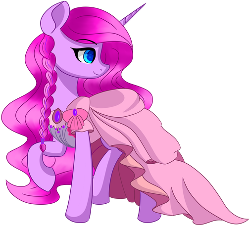 A pink unicorn pony with a long braid looks over her shoulder at an unknown object or person. She has blue eyes and is wearing a pink gown studded with pink gems. She looks very regal and her expression has a soft smile.