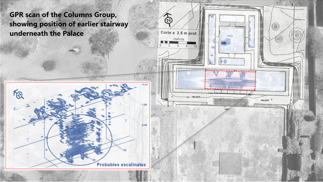 annotated maps with insets - GPR scan of the Columns Group, showing position of earlier stairway underneath the Palace.
