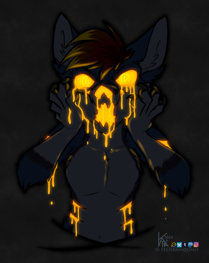 Digital art of a wolf character, hands up to his face which is grotesquely glowing and dripping with orange-ish goo from eyes, mouth, and nose, that look very much like a jack-o-lantern type face. Slashes on the arms and ribs are also leaking the glowing orange goo.