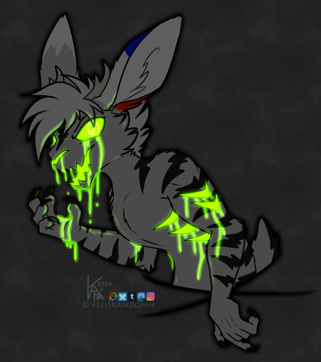 Digital art of a jackalope character, hunched over slightly, facing to the left. Ghoulish green glowing goo falls from his eyes, nose, and mouth, along with various slashes on his arms and ribs. His face is reminiscent to a jack-o-lantern.