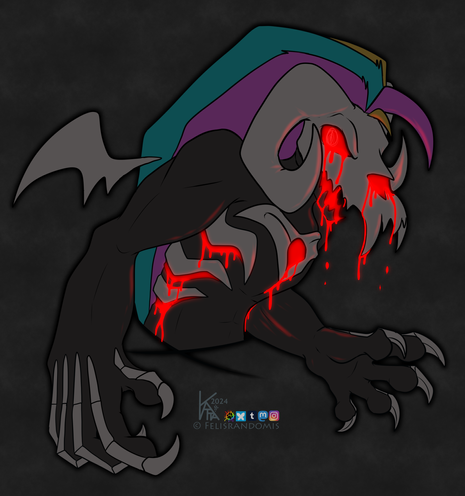 Digital art of a demon-like character with a skull face. Red glowing goo is leaking from their face, chest, and ribs.