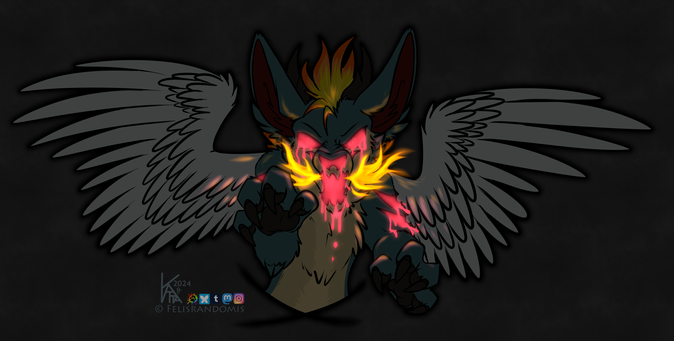 Digital art of a dragon character leaping towards the viewer, pale glowing red goo leaks from his eyes, nose, and mouth, along with slashes on his upper arms. Fire flickers out the side of his mouth as well. His face has a jack-o-lantern type appearance.