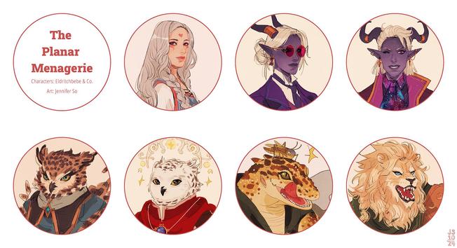 Illustrated portrait drawings of "The Planar Menagerie", a group of 7 d&d fantasy characters each framed in a circle. Characters belong to eldritchbebe & co, Art by Jennifer So.