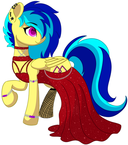 A yellow pegasus with purple eyes and a blue mane looks over her shoulder at an unseen figure. She wears a slinky red gown with sequins, hip cutouts, and lots of straps at the neckline. Fishnets adorn her rear legs, and bracelets with amethyst beasts are on her forelegs. She has a soft smile on her face.