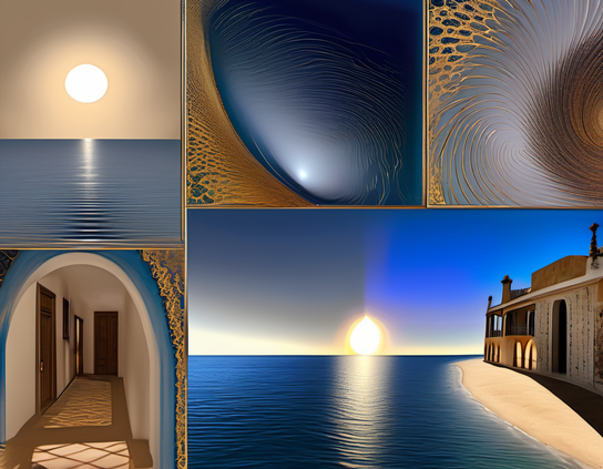 Page from a surreal brochure for wormhole travel, with attractive images of exoplanetary architecture and otherworldly ocean scenes.