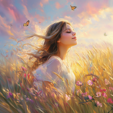a serene scene of a young woman standing in a golden field during sunrise. Her eyes are closed, and she has a soft, content smile on her face. Her light brown hair flows gently in the wind, and she wears a light, flowing white dress. The field around her is vibrant with blooming wildflowers in various colors, including pinks and purples. Butterflies flutter around her, enhancing the peaceful atmosphere. The sky is painted in soft pastel hues of pink, purple, and blue, with warm sunlight casting a gentle glow over the entire scene. The overall mood is one of tranquility, joy, and connection with nature.