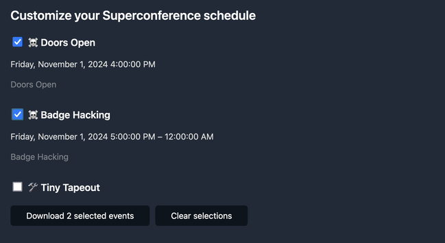 Screenshot of schedule customizer tool. The first two events are selected and the third is not selected.