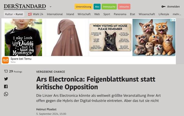A screenshot from the Austrian news outlet Der Standard: A large ad banner with AI slob dominating a Headline about the Ars Electronica. The article is in German.