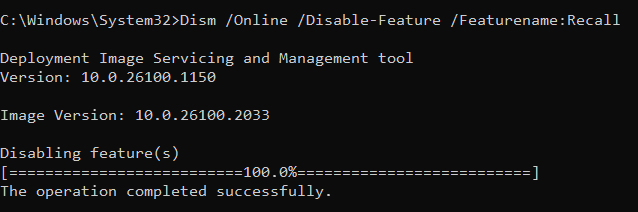 A screenshot of what it looks like to run the Disable-feature command in an admin command line terminal along with the subsequent output.