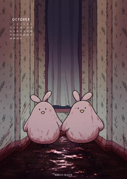 Two bird, who look the same –  side by side in a small hallway. The look like the twins from The Shining. The floor is full of blood and splatters are on the birds.