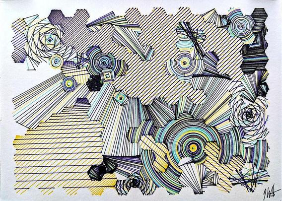 A deeply intricate pen plotter piece inspired by wave function collapse. Its dynamic, sweeping lines and swirling intersections echo the chaos of a mind struggling in the storm. The layers of lines symbolize descent, revealing the intricate, uncontrollable patterns of thought, emotion, and the universe. The artwork's abstract nature allows the viewer to feel the intensity of forces beyond control, blending physical and mental states into one visual narrative.