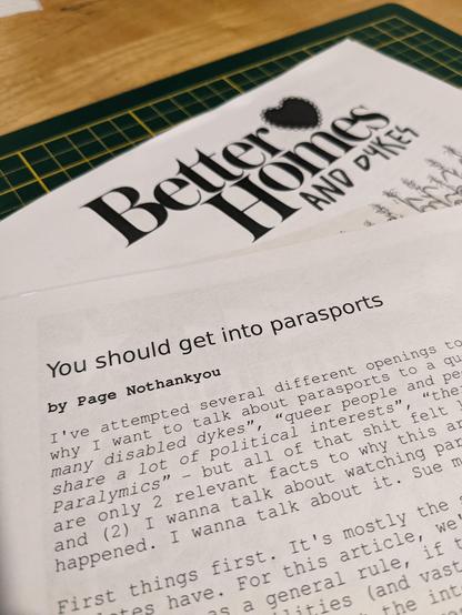 2 of the same issue of Better Homes and Dykes, one open to an article called "you should get into parasports" By Page Nothankyou.