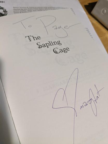 Title page of the Sapling Cage, signed "To Page" by Margaret Killjoy. Margaret signs with a big heart before her name.