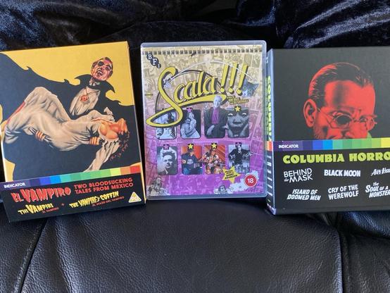 Movies that I just received in the mail. The Scala documentary, and two more wonderful boxsets from Indicator. One has two Mexican vampire movies, the other is called Columbia Horror.