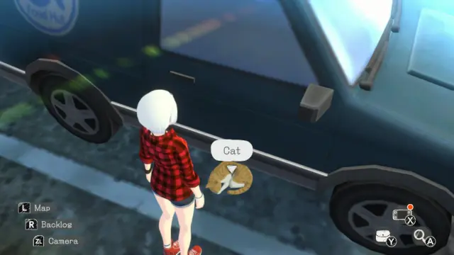 A screenshot of Another Code: Recollection. Ashley, a girl with white hair and a red/black flannel shirt, is standing next to an orange and white cat curled up sleeping next to a car.

There is a prompt that says "Cat" above the cat.