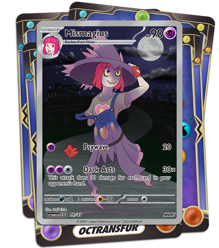 A custom Pokémon Trading Card Game card. Vivian, partially transformed into a Mismagius, floats over the path leading from a graveyard under a full moon.