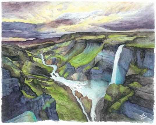 HAÍFOSS WATERFALL, ICELAND by Danielle Rose Baker. A watercolor painting of a waterfall and river landscape in Iceland, seen against multi-layered cliffs capped by dark lava plains, some overgrown by green plants. The water is icy blue and flows towards distant mountains. A cloudy evening sky is seen in moody purples and yellows.