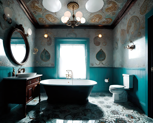 a photographic depiction of a small ornate bathroom with a freestanding tub partially blocking access to a sink basin from converted furniture