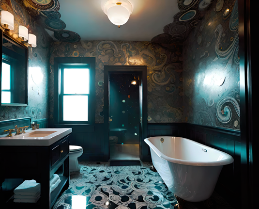 a photographic depiction of an ornate bathroom with a large freestanding tub and a window for illumination