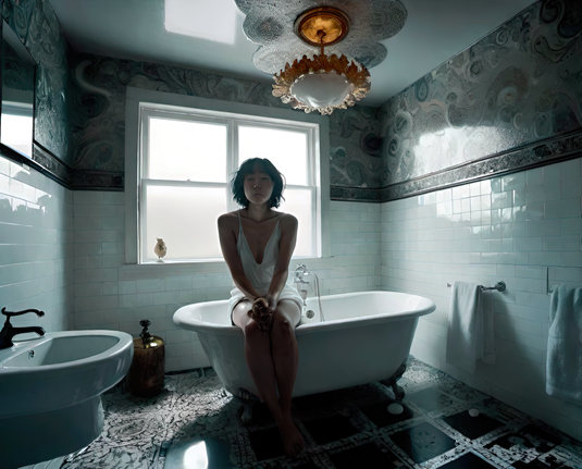 a photographic depiction of an smallish bathroom with a freestanding tub and a seated humanoid individual for scale