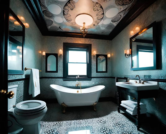a photographic depiction of an ornate bathroom with a freestanding tub, a window and numerous mirrors
