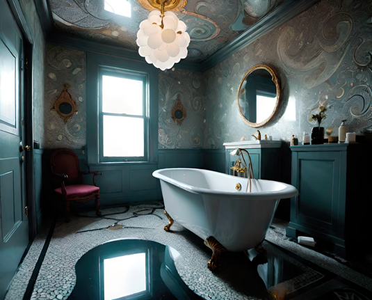 a photographic depiction of a small ornate bathroom of eclectic design with a freestanding tub