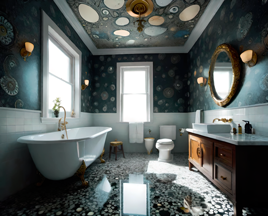 a photographic depiction of a rare corner bath, ornate and a bit smallish, but with two windows and a freestanding tub