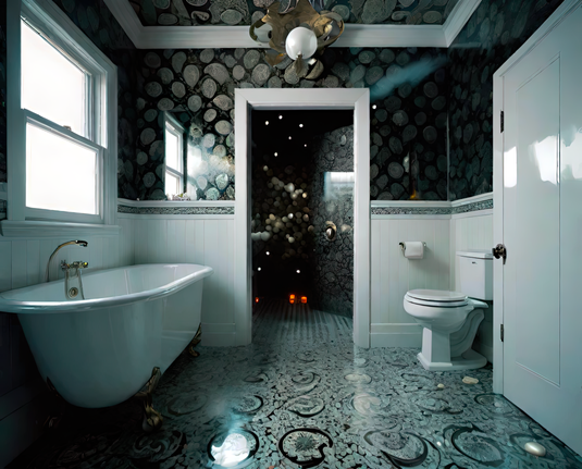 a photographic depiction of a small ornate bathroom with a freestanding tub and a mysterious open doorway