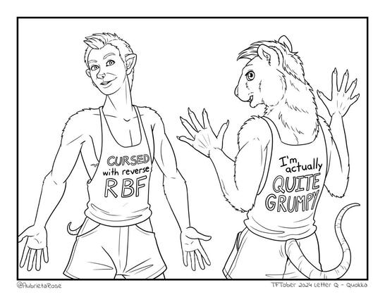 Line art of trans werequokka looking cheerful, in a loose tank top, drawn from the front and back. From the front, he's more human with fuzzy ears and a short tail, the text on the tank top reading "Cursed with reverse RBF". From the back, he's glancing back with a grin, now transformed to an anthro quokka. The back of the tank top reads "I'm actually quite grumpy".