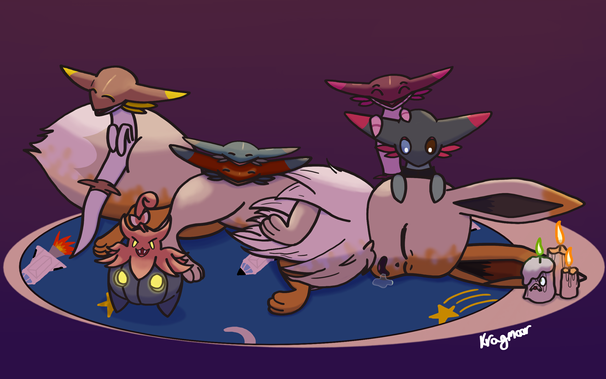 Penny the eevee sleeping while many of friends gather around her in the forms of dreepy, a pumpkaboo, and a litwick.